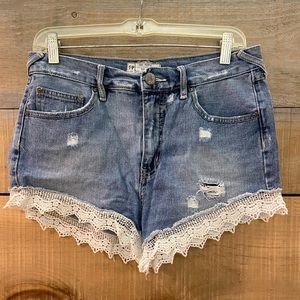 Free People Mid Rise Denim Lace Shorts